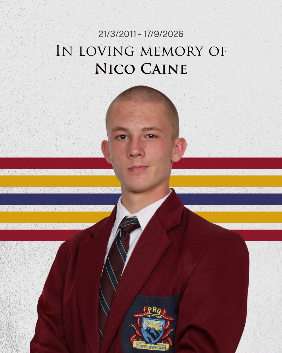 The Paul Roos Gymnasium community in Stellenbosch, South Africa, is grieving following the death of 15-year-old Grade 9 day scholar Nico Caine